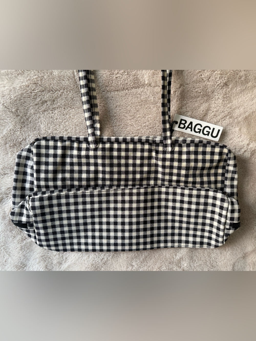 NWT BAGGU Medium Nylon Bowler Bag Black and White Gingham - Picture 7 of 11